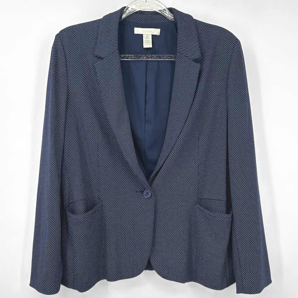 Chicos Navy Blue Polka Dot Single Button Blazer Jacket Size 2 (12/14) Workwear - Picture 2 of 8
